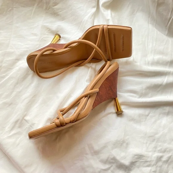 Gia Borghini Tan Strappy Square-Toe Heels with Gold Flared Heel - Picture 2 of 10